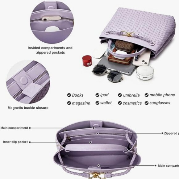 Sumrains - Woven Vegan Leather Purple Shoulder Bag Crossbody Tote - Picture 4 of 4